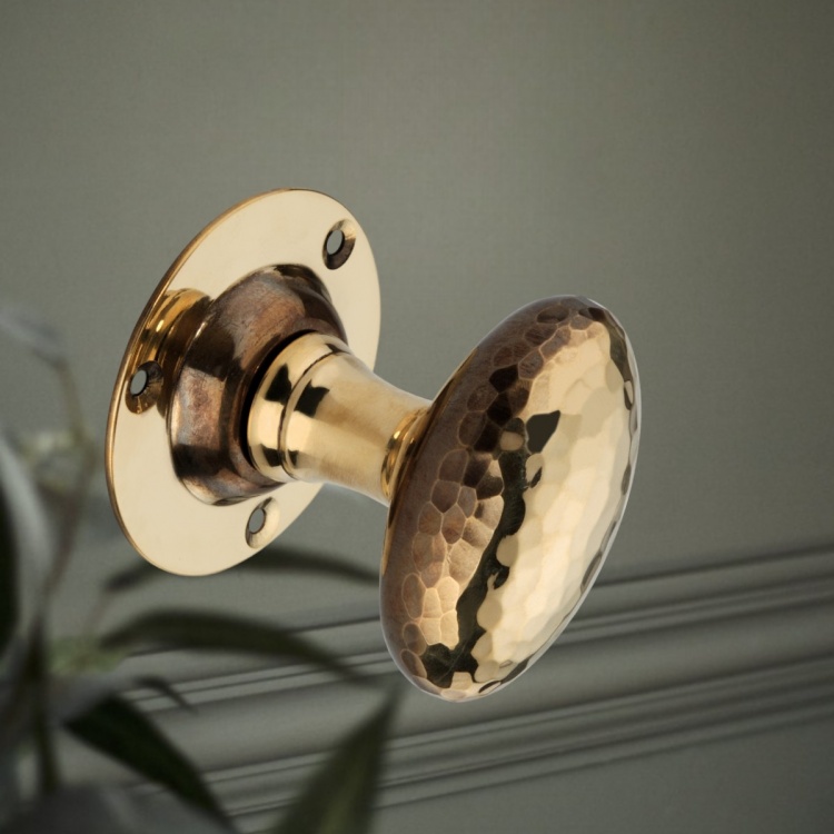 Hammered Oval Door Knobs Aged Brass Pair